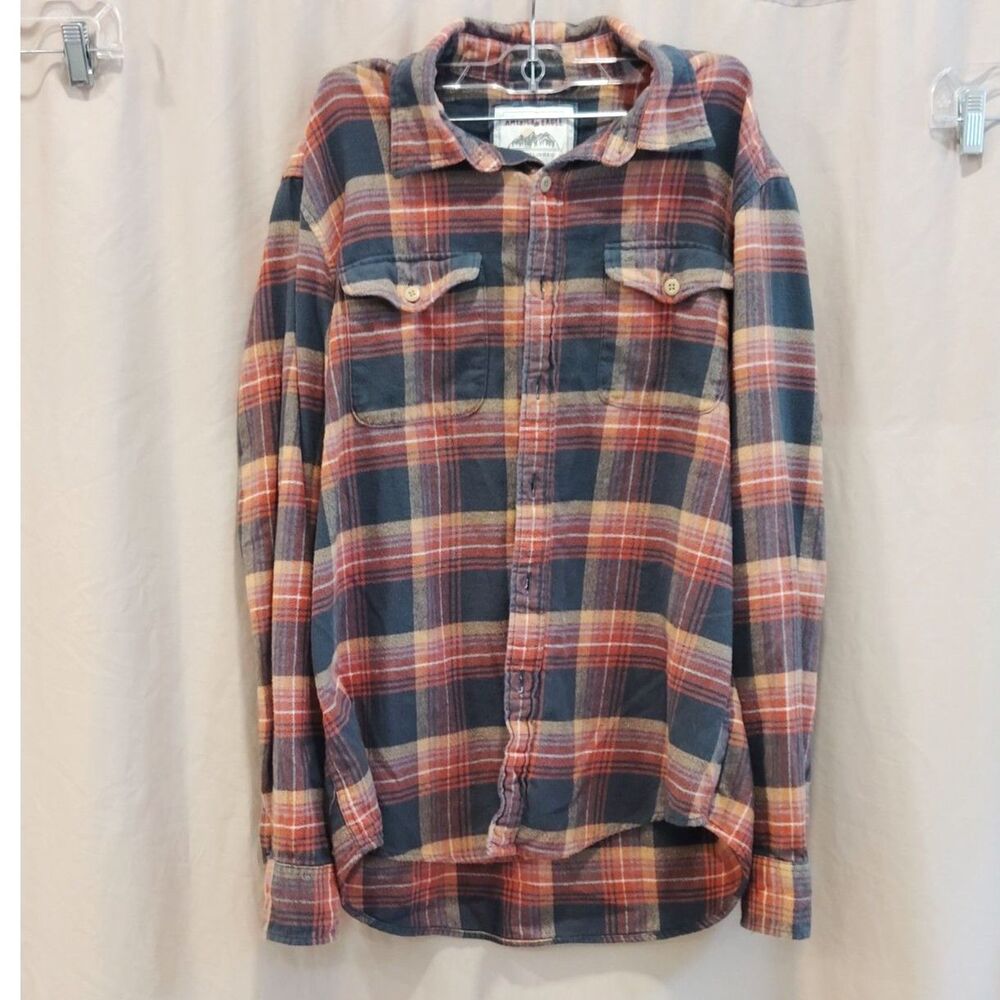 American Eagle Men’s Plaid Flannel Button Down Shirt - Blue Orange Tan Medium